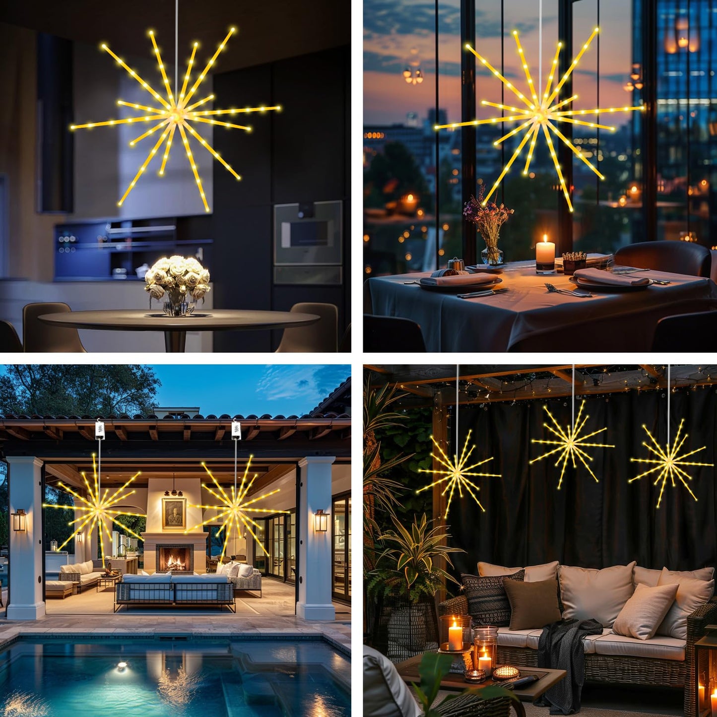 Tiandirenhe Hanging Starburst Light,112 LED Firework Fairy Starburst String Lights Hanging Star Lights with Remote, 8 Lighting Modes Operated, Starry Light for Garden Party Christmas (Warm White)