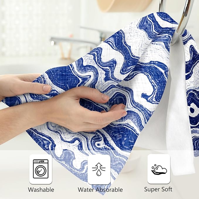 Dark Blue White Waves Striped Hand Towels Bathroom Sets of 2 Modern Abstract Beach Ocean Themed Navy Bath Hand Towels for Bathroom Swim Yoga Spa Home Decorative Gifts 14x28 Inch