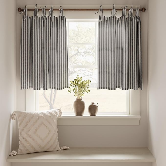 JINCHAN Tie Top Linen Kitchen Curtains 36 Inch Striped Tier Curtains Farmhouse Modern Cafe Style Small Window Treatments Airy Light Filtering Rod Pocket for Living Room Bathroom 2 Panels Charcoal Grey