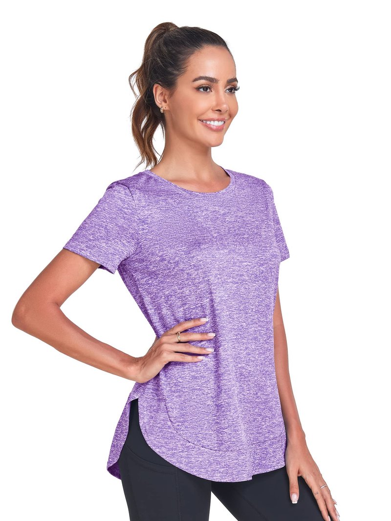 Absttith Short Sleeve Workout Tops for Women Athletic Casual Shirts Quick Dry Gym Soprt Tee Side Split Purple Large