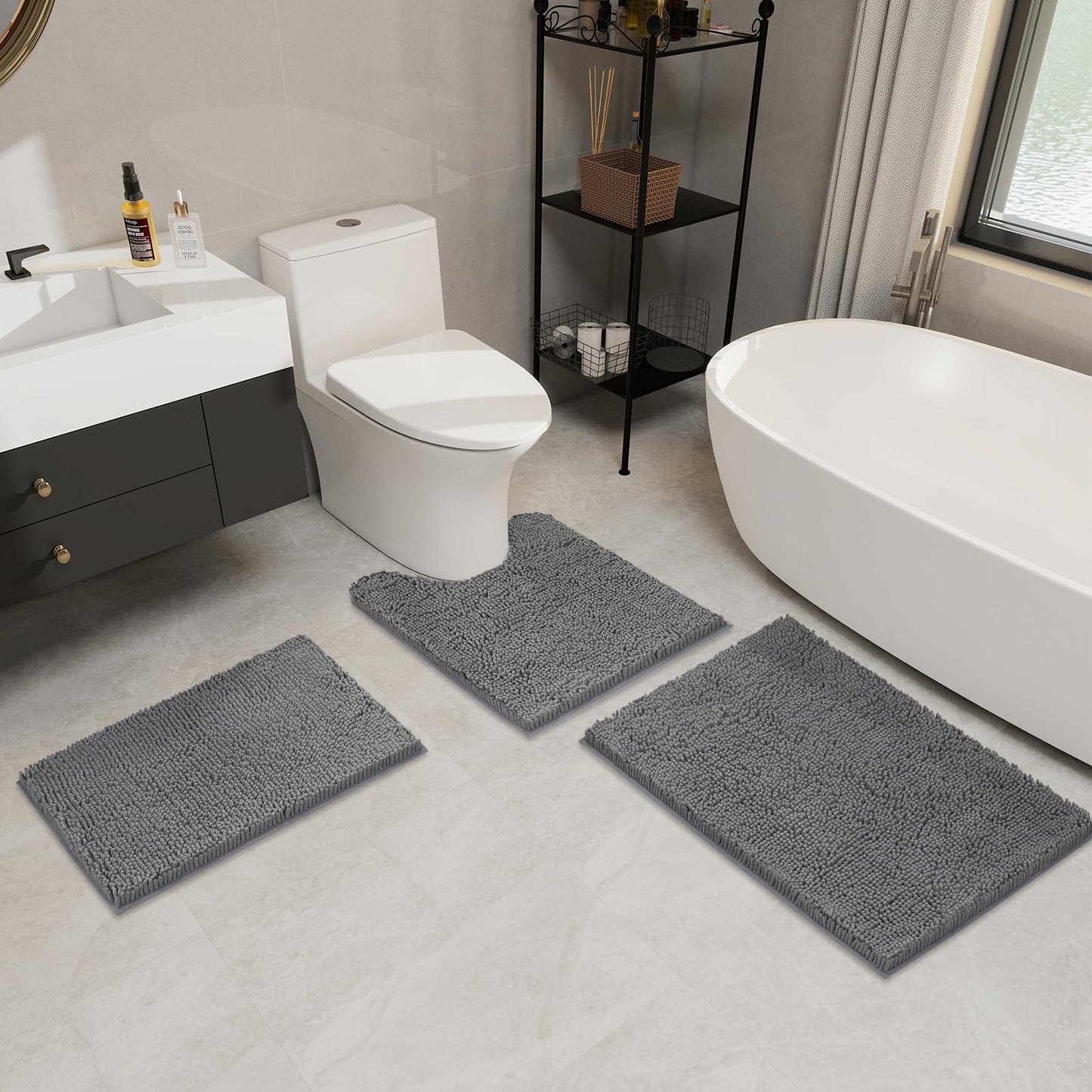 LINLA 3 Pieces Bathroom Rug Set, Absorbent Non Slip Chenille Bath mat, Thick Plush Chenille Carpet Mats Set,Washable Dry Quickly with U-Shaped Toilet Mat for Tub, Shower（Grey）