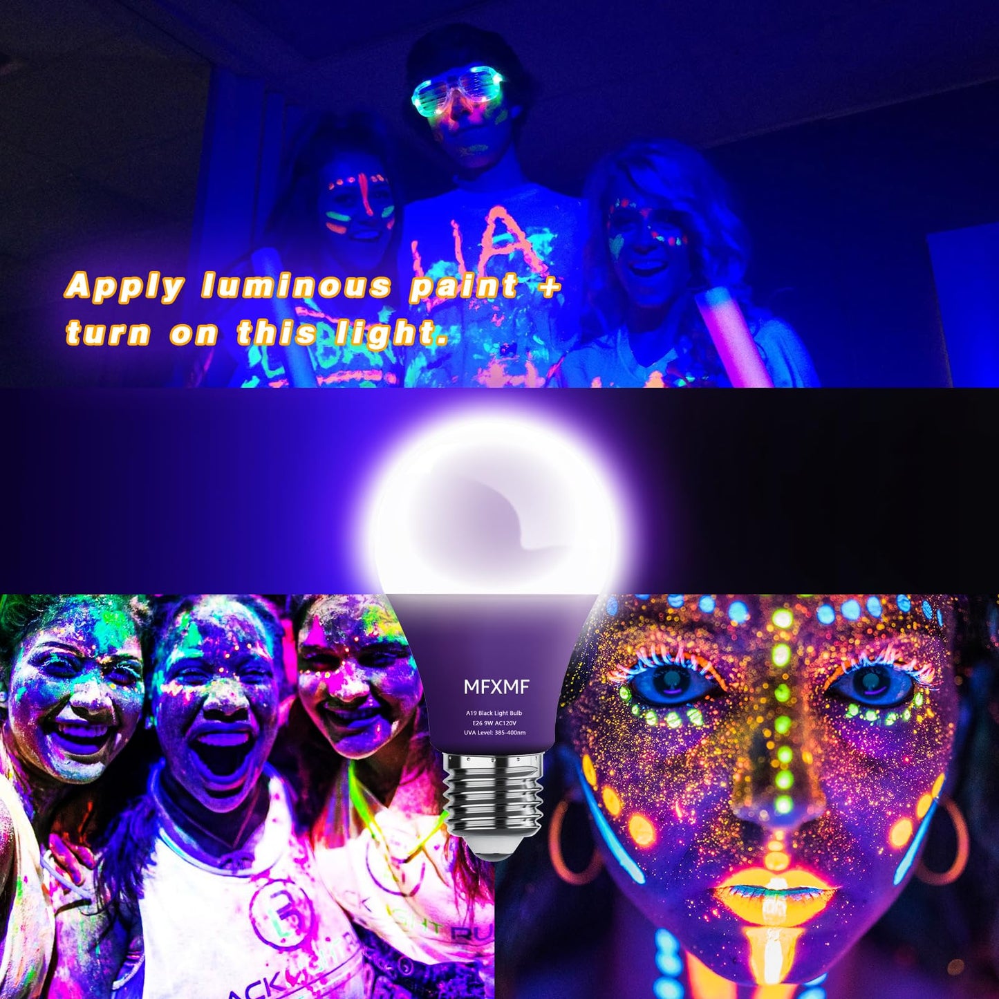 mfxmf 4 Pack A19 LED Black Light Bulbs,9W (100W Equivalent) E26 Base Dimmable Black Lights, UVA Level 385-400NM, Halloween Light Bulbs，Glow in The Dark，Fluorescent Poster, Body Paint,Neon Glow Party