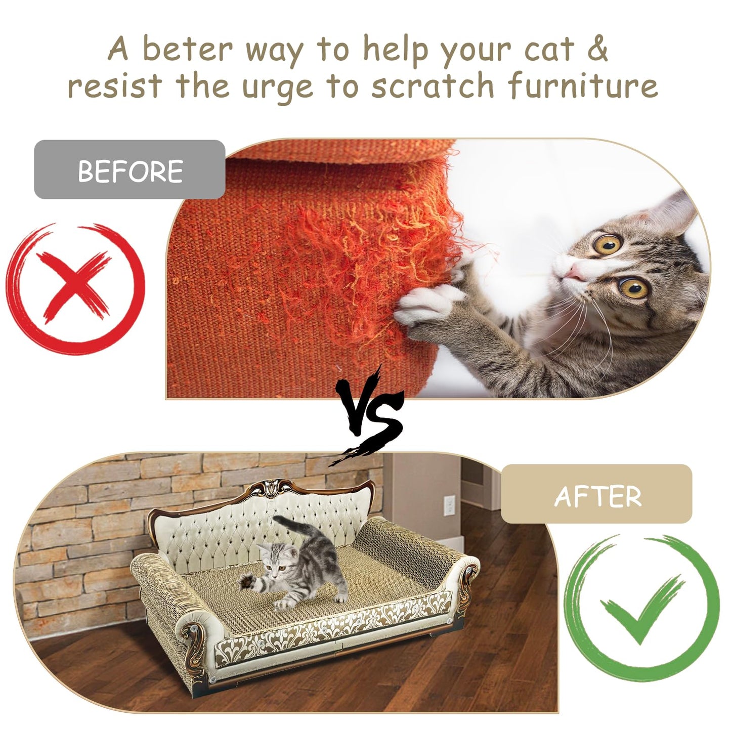 INRLKIT Luxury Cardboard Cat Scratcher Sofa Bed, Couch Shaped Scratching Board, Scratch Lounge with Catnip, Scratcher for Indoor Cats Large Grey