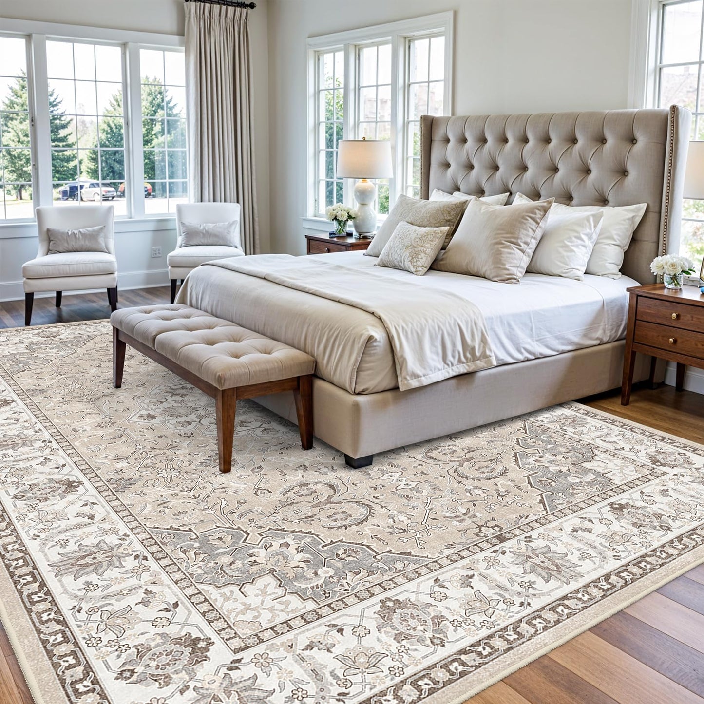 Washable Large 9x12 Area Rug - Living Room Oriental Non Slip Soft Rugs Indoor Low Pile Stain Resistant Carpet for Bedroom Dining Room Farmhouse Distressed Thin Home Decor Floor Mat (9x12 Beige)