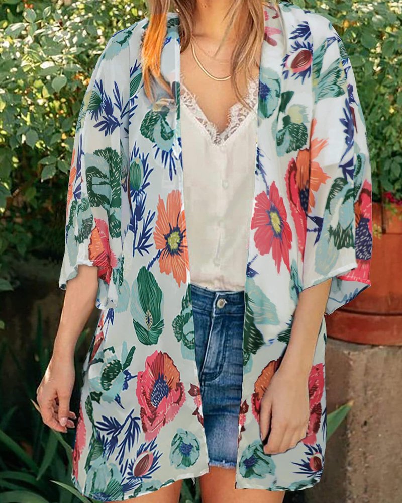 Women's Summre Kimono Cardigan Floral Print Sheer Chiffon Loose Casual Beach Cover Up Tops (Da White,L)