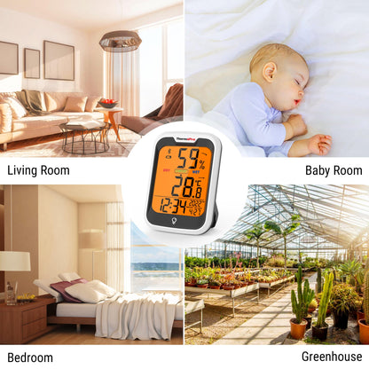ThermoPro TP358 Bluetooth Hygrometer Room Thermometer with Built-in Clock, Swiss-made Sensor Indoor Thermometer with Backlit and Notification Alert Ideal for Baby Room, Greenhouse, Office and Cellar