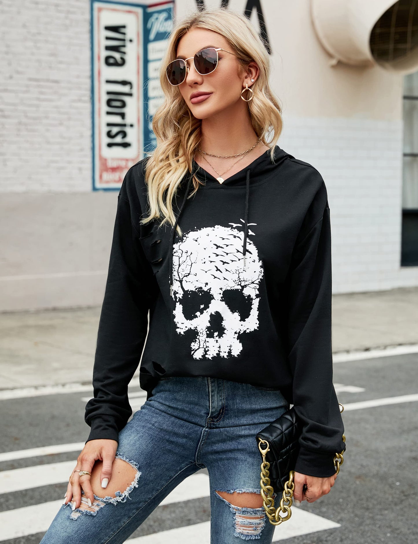 Blooming Jelly Women's Halloween Sweatshirts Skull Graphic Hoodies Long Sleeve Skeleton Shirt Trendy Fall Tops (X-Large, Black Hoodie-2)
