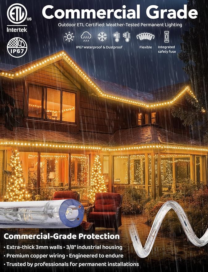 WYZworks 108LEDs, 10ft LED Rope Light, Connectable Waterproof Permanent Outdoor Clear PVC Tube, ETL Certified, Christmas Trees Holiday Decorative Landscape Backyard Patio Accent Lighting - Warm White