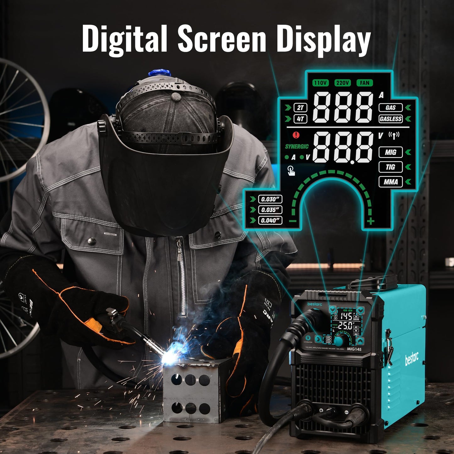 bestarc 145Amp MIG Welder, 110V 220V Flux Core MIG/Lift TIG/Stick 4 in 1 Welder Machine, Large LED Display Welding Machine, IGBT Inverter bestarc Welder MIG145 Gas Gasless Synergy MIG Welder