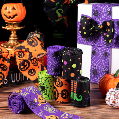 Chuangdi 6 Rolls 30 Yards Halloween Wired Edge Ribbons Bat Spider Web Printed Ribbon Halloween Witch Hat Skull Pumpkin Wired Edge Decoration for Wreaths DIY Crafts Gift Wrapping Supplies