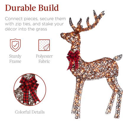 Best Choice Products 3-Piece Large Lighted Christmas Deer Family Set 5Ft Outdoor Yard Decoration with 360 LED Lights, Stakes, Zip Ties - Rattan
