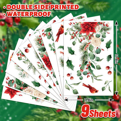 Whaline 9 Sheets Christmas Floral Window Cling Stickers Hanging Poinsettia Flowers Eucalyptus Leaves Reusable Window Decals for Xmas Winter Party Home Office Classroom Decoration