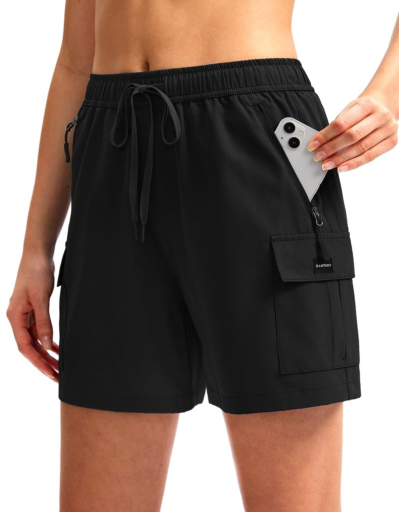 SANTINY Women's 5''/ 7''/9'' Hiking Cargo Shorts Quick Dry Lightweight Summer Shorts for Women Athletic Golf Zipper Pockets(Black_XS)