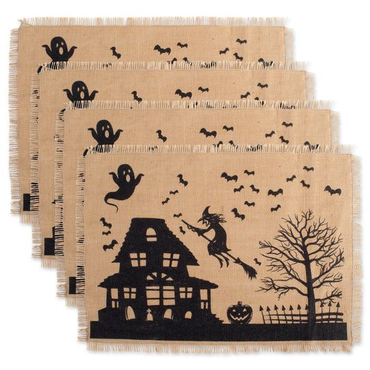 DII Halloween Primitive Style Burlap Tabletop Décor, Spooky Haunted House Jute, Placemat Set, 13x19, Black & Tan, 4 Count