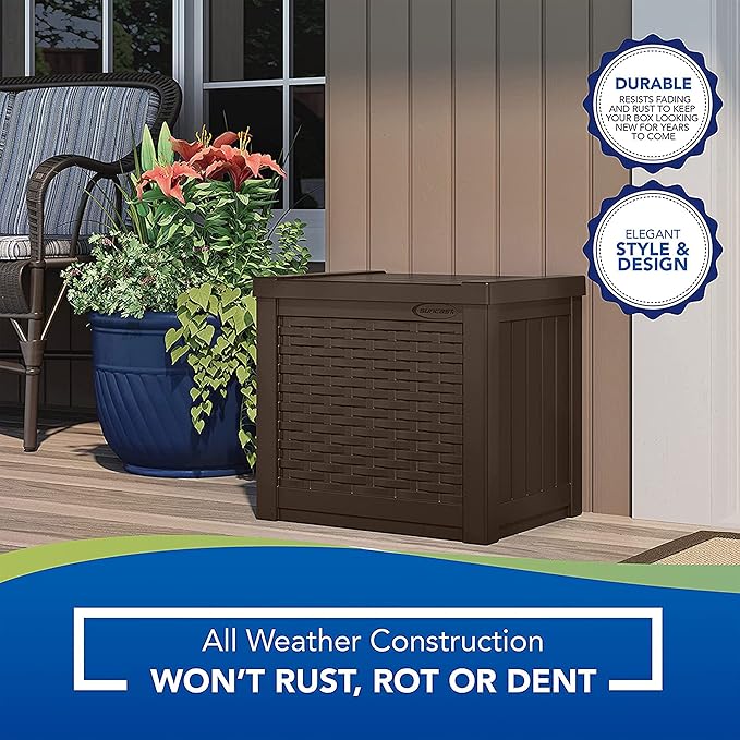 Suncast Small Outdoor Storage Box - 22 Gallon Java Resin Outdoor Deck Box, Flat-Lid Bench Seating, Patio Storage Bin Container for Organizing Toys, Tools, Cushions for Porch, Deck, Pool, & Garden