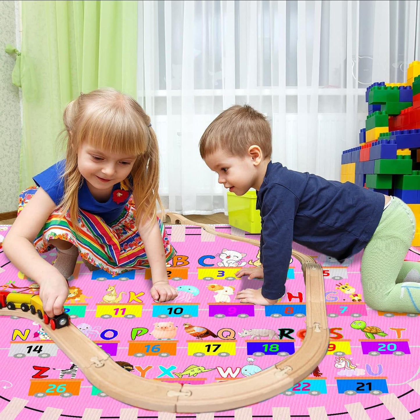 DoRlPIeY Kids ABC Pink Play Rug, Girl Alphabet Rugs with Numbers Animal Train and Road Shapes Learning Fun Educational Carpet, Playmat for Kid Bedroom Playroom(31x47 in Small Pattern)