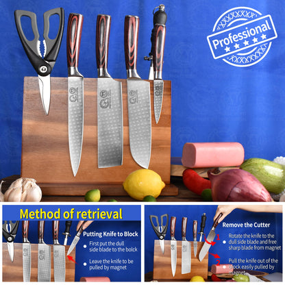 XYJ Authentic Since 1986, Magnetic Knife Block, Double Side Kitchen Knife Stand, Acacia Wood, Magnetic Knife Holder with Strong Enhanced Magnets,Knives Storage Rack Stand for Home Kitchen