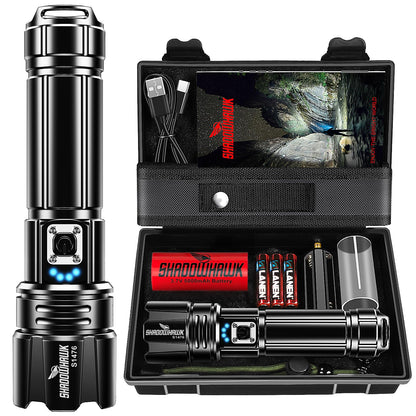 Shadowhawk Rechargeable Torch, 500000 Lumen Torches LED Super Bright, 5000 mAh Long Lasting, Adjustable Focus, IP67 Waterproof, 5 Modes, Powerful Handheld Flashlight for Power Cuts, Camping, Emergency