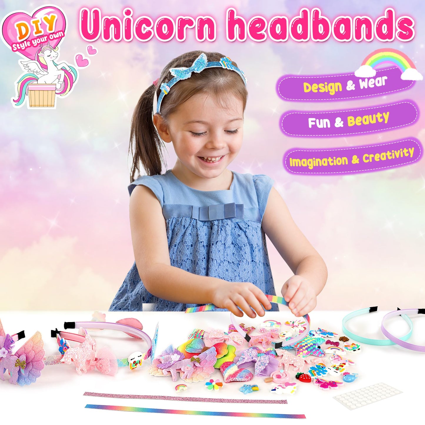 Pourbibi Unicorn Headband Making Kit for Girls Age 3+, Creative Craft Kits for Kids, DIY Fun Hairbands & Hair Accessories Toys Set - Birthday Presents & Gifts for Girls Age 3 4 5 6 7 8 Years Old