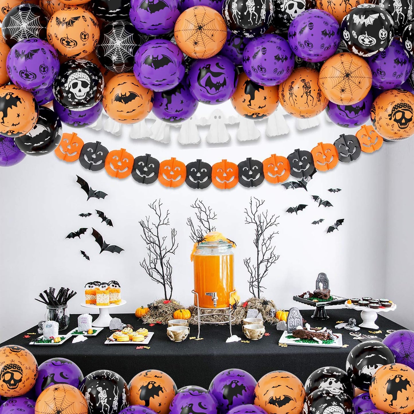 Halloween Balloons, 60Pcs 12 Inches Balloons 9 Styles Black Orange Purple Halloween Pumpkin Ghost Bat Skull Spider Webs Print Balloons for Halloweenn Party Decorations Halloweene Party Supplies