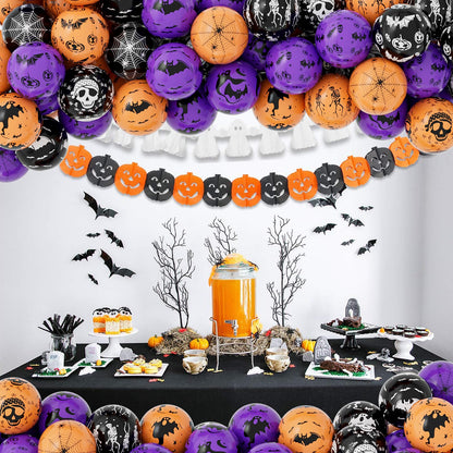 Halloween Balloons, 60Pcs 12 Inches Balloons 9 Styles Black Orange Purple Halloween Pumpkin Ghost Bat Skull Spider Webs Print Balloons for Halloweenn Party Decorations Halloweene Party Supplies