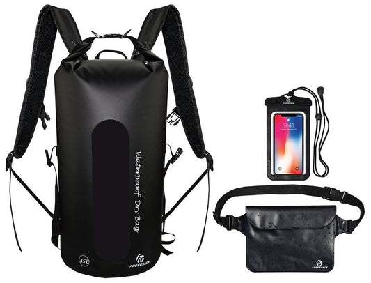 Freegrace Waterproof Dry Bag Set of 3 - Submersible Dry Sack with Double Zip Lock Seals - Includes Waist Pouch & Phone Case - Perfect for Kayaking, Swimming, Boating & Rafting (Window, Black, 35L)