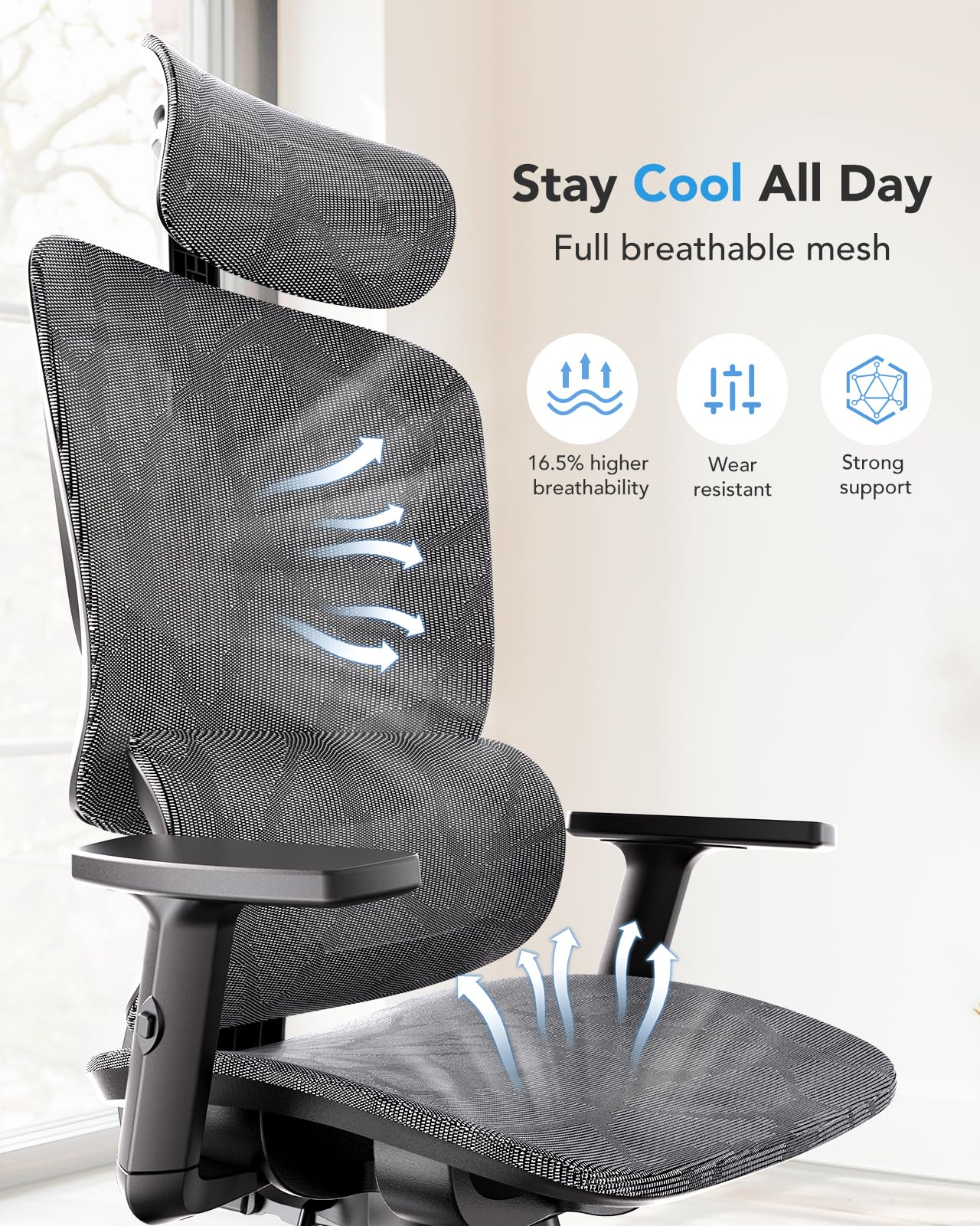 HUANUO Ergonomic Mesh Office Chair with 5-Level Lumbar Support, Computer Chair with Adjustable Headrest & Armrests, Rocking Tilt, Comfortable High Back Desk Chair for Home Office or Gaming