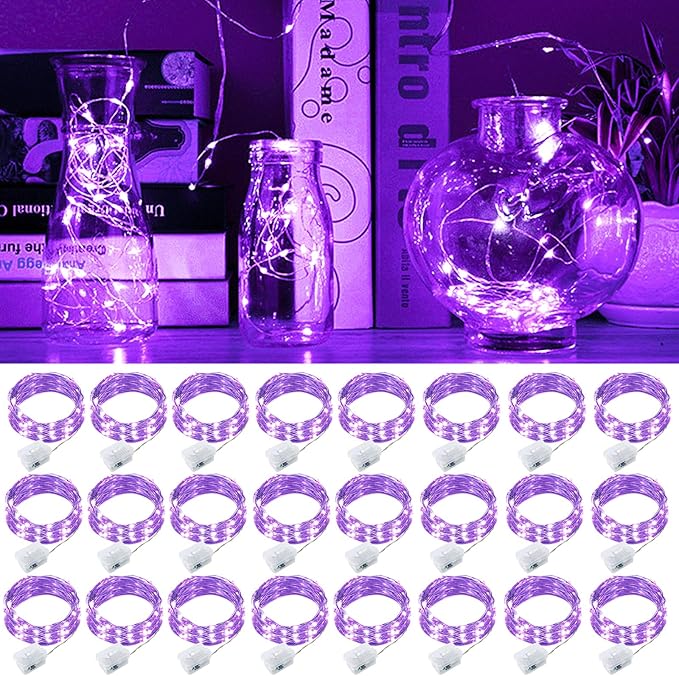 pozzolanas 24 Pack Purple Fairy Lights Battery Operated 3 Modes 7FT 20 LED Waterproof String Lights Twinkle Silver Wire for Mason Jars Wedding Christmas Halloween Party Decor (24, Purple)