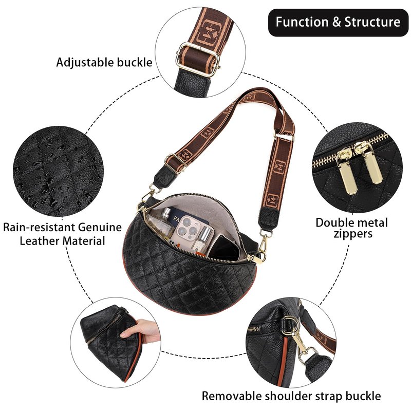 Eslcorri Fashion Waist Packs for Women - Quilted Vegan Fanny Packs Leather Waist Purse Anti Theft Crossbody Belt Bag for Sports Workout Traveling Running Casual - Black