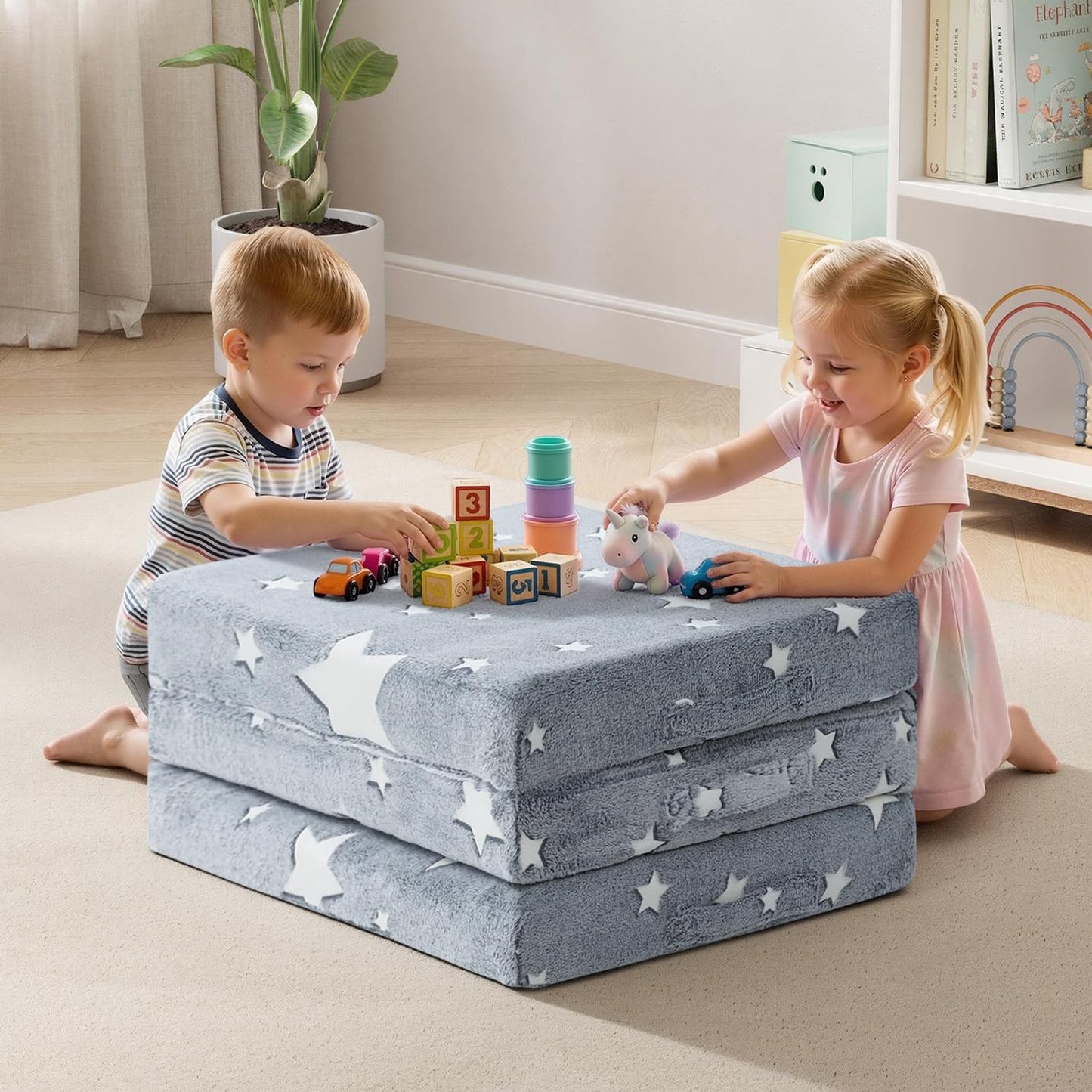 MeMoreCool Foldable Floor Mattress for Kids, Glow Star Trifold Mat, Kids Folding Mattress Portable Futon, 57x22 Inch Grey