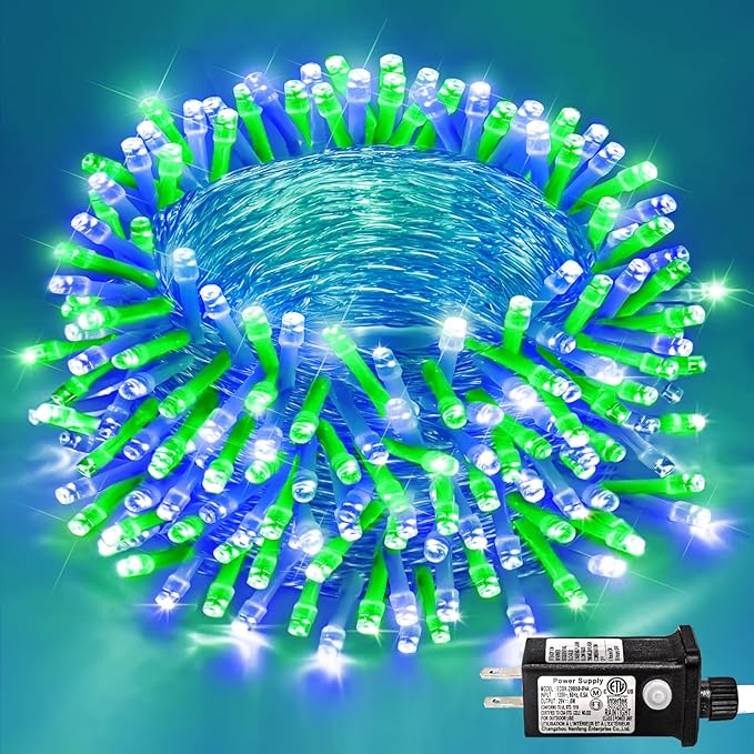 250 LED Blue Green Christmas Lights Outdoor Waterproof, 82ft Clear Wire Christmas Tree Lights 8 Modes Plug in Twinkle Fairy Lights for Indoor Christmas Bedroom Tree Decoration