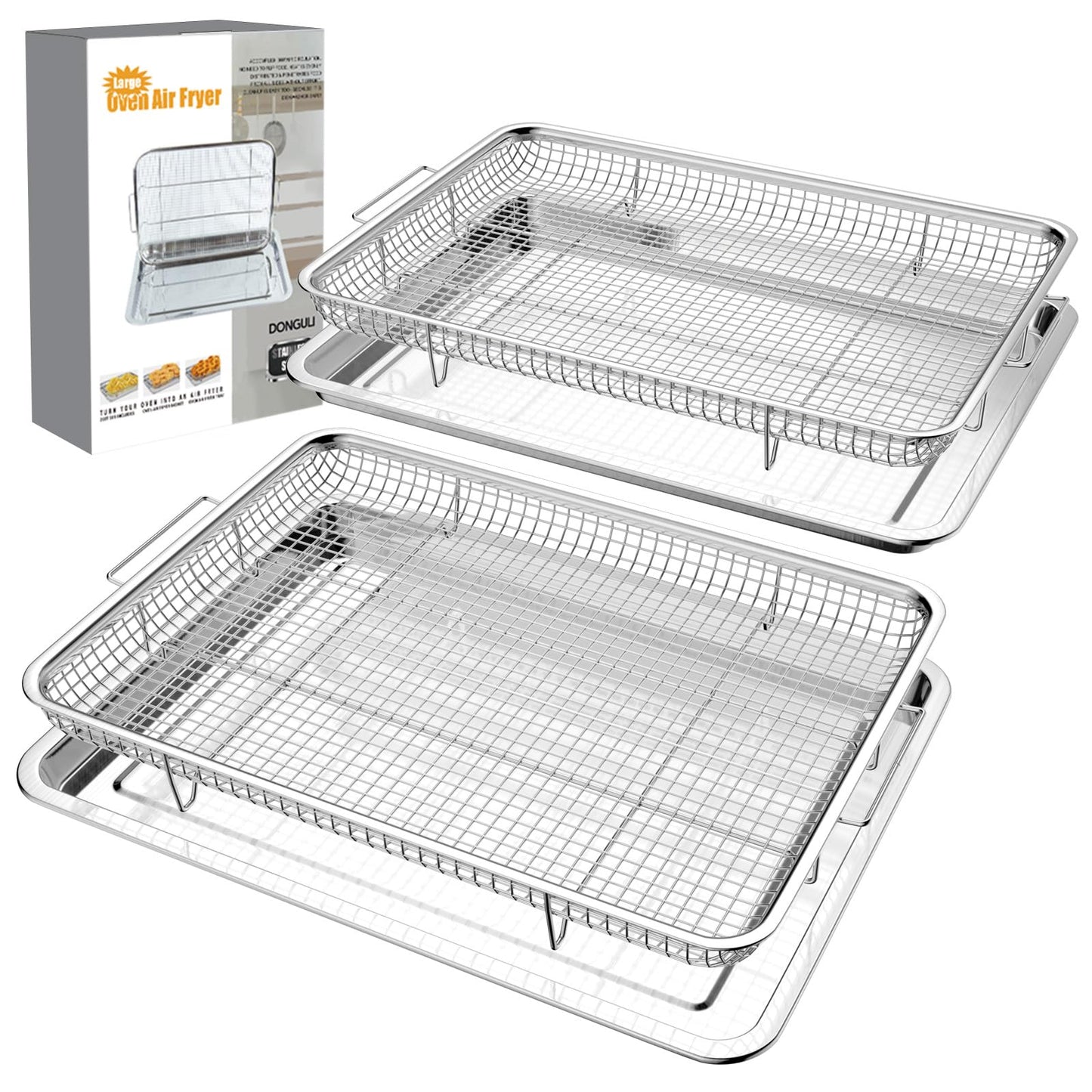 Air Fryer Basket for Oven 15.7"x11.8", 2-Pair Set Large Air Fryer Basket and Tray Stainless Steel Oven Air Fryer Accessories Pan Rack for Cooking Baking and Broiling