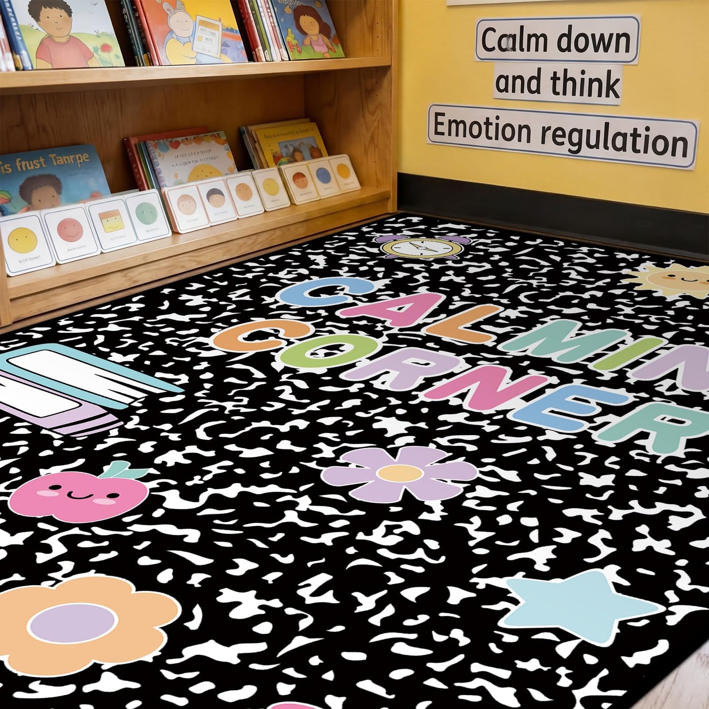 Maasechs 7x5 ft Calming Corner Classroom Rug Composition Notebook Classroom Schoolgirl Corner Items Rug Emotion Mental Health Soft Fluffy Carpet Floor Mat for Nursery Homeschool Playroom Elementary
