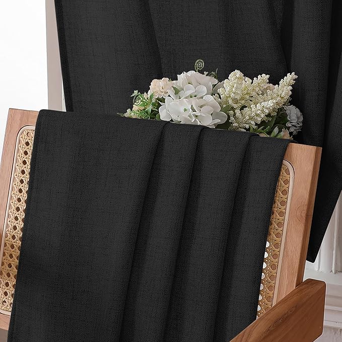 Tollpiz Short Linen Curtains Bedroom Rod Pocket Semi Sheer Curtain Burlap Light Filtering Thick Linen Drapes for Living Room, 38 x 45 inches Long, Black, Set of 2 Panels