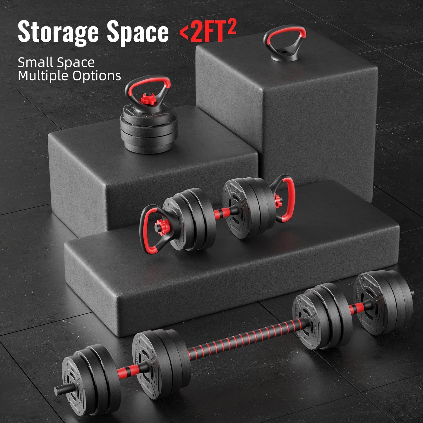 Fitvids Multi-Functional Portable Changeable Dumbbell and Barbell Kettlebell Set with Adjustable Weights, 40LBS or 60LBS Sets, 2-in-1 or 4-in1, Multiple Sizes