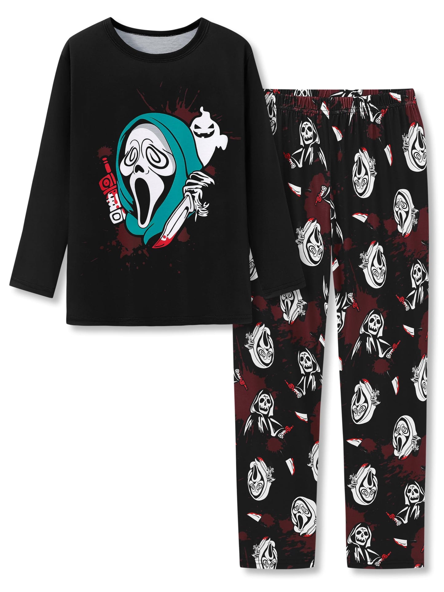 Beezizac Cool Holiday Pajama for Boys - Screaming Ghost Pull-on Long Sleeves & Pants Set 2-PC Soft PJ Kids Size 12