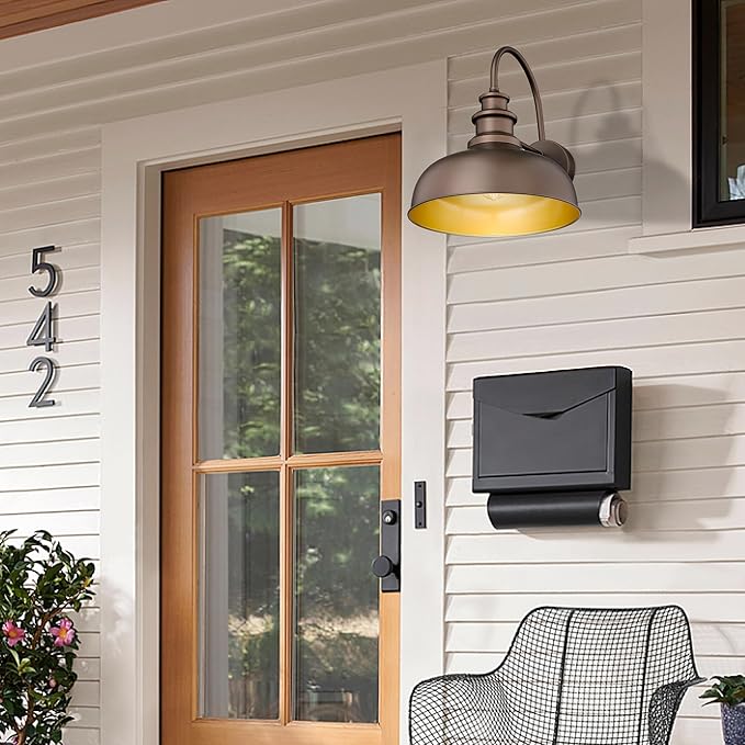 Bestshared Gooseneck Barn Light 14 Inch Dome Farmhouse Wall Sconce, Outside Wall Mounted Light, Exterior Lighting Fixture, Porch Lighs for Entryway, Garage,Patio (ORB+Gold, 14” Dome-2Pack)