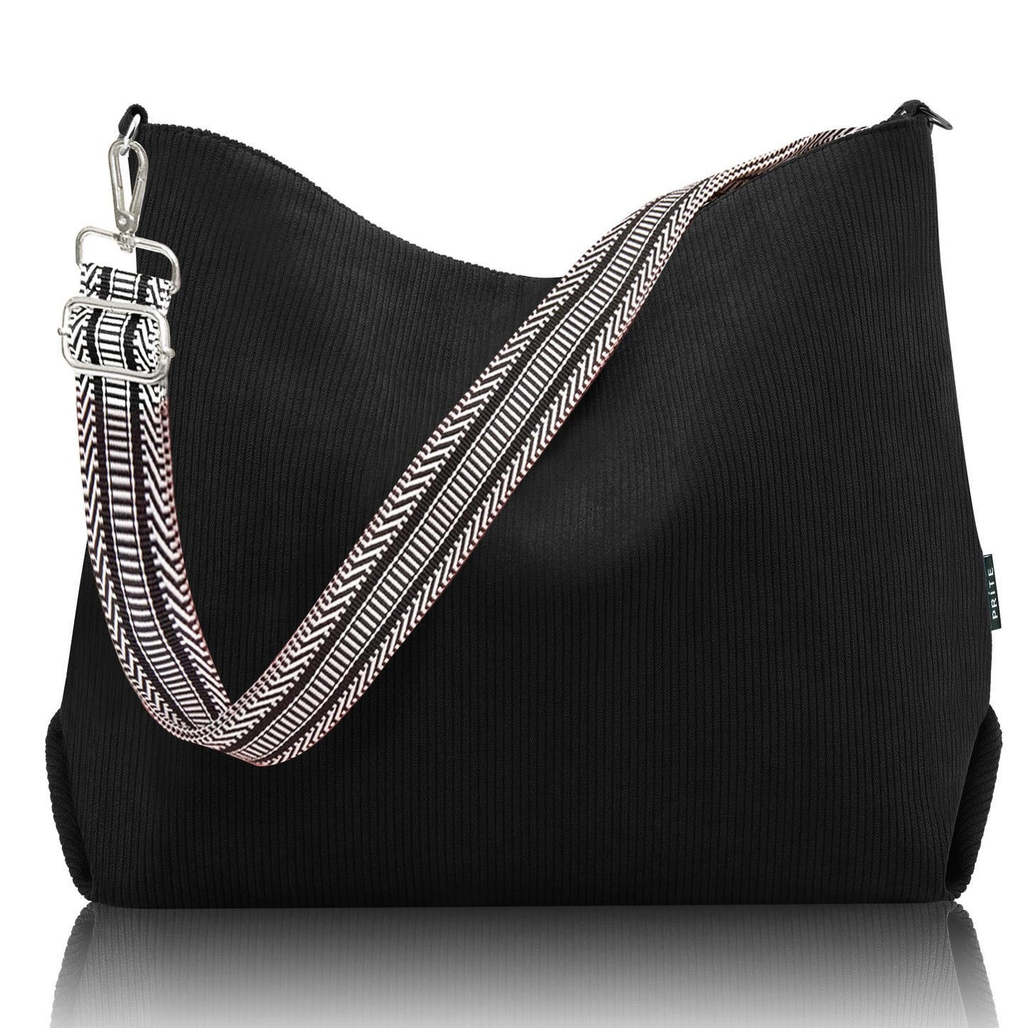 Prite Corduroy Tote Bag for Women with Zipper Large Capacity Shoulder Bags with Adjustable Strap and Pockets Waterproof Handbag for Work School Shopping Travel College (Black)