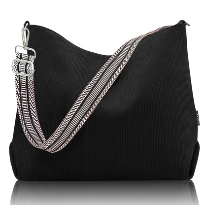 Prite Corduroy Tote Bag for Women with Zipper Large Capacity Shoulder Bags with Adjustable Strap and Pockets Waterproof Handbag for Work School Shopping Travel College (Black)