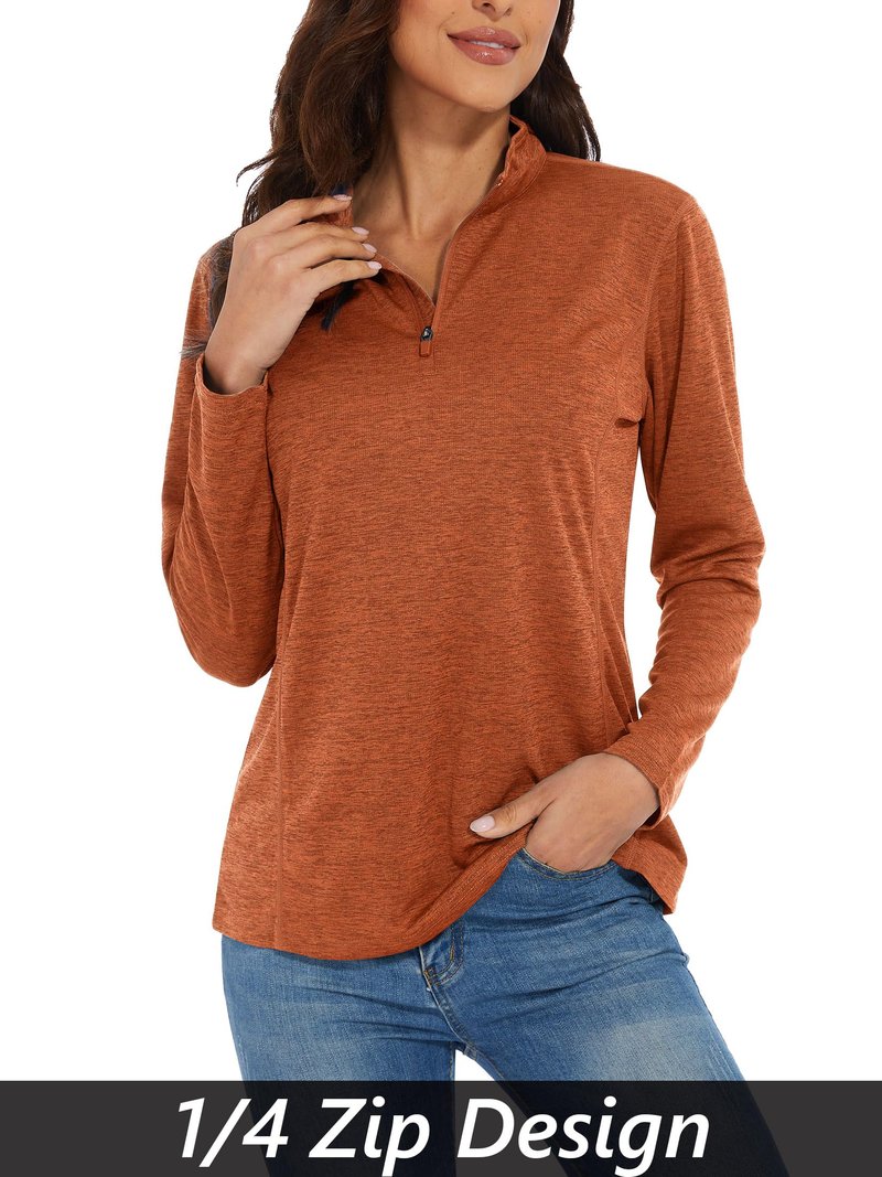 MAGCOMSEN Hiking Shirts Women 1/4 Zip Long Sleeve Shirts Dry Fit Tops Women Athletic Running Sun Shirts Dark Orange M
