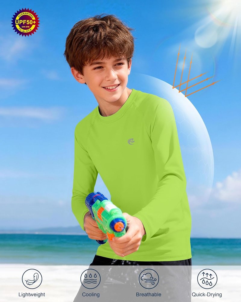 Boys UPF 50+ Swim Shirt | Long Sleeve UV Sun Protection Rash Guard for Youth - 1 or 2 Pack