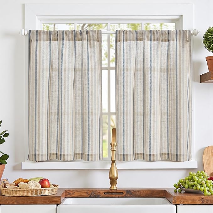 jinchan Colorful Striped Linen Kitchen Curtains 36 Inch Christmas Tier Curtains Farmhouse Modern Cafe Small Window Treatments Light Filtering Rod Pocket for Living Room Bathroom 2 Panels Multi Blue