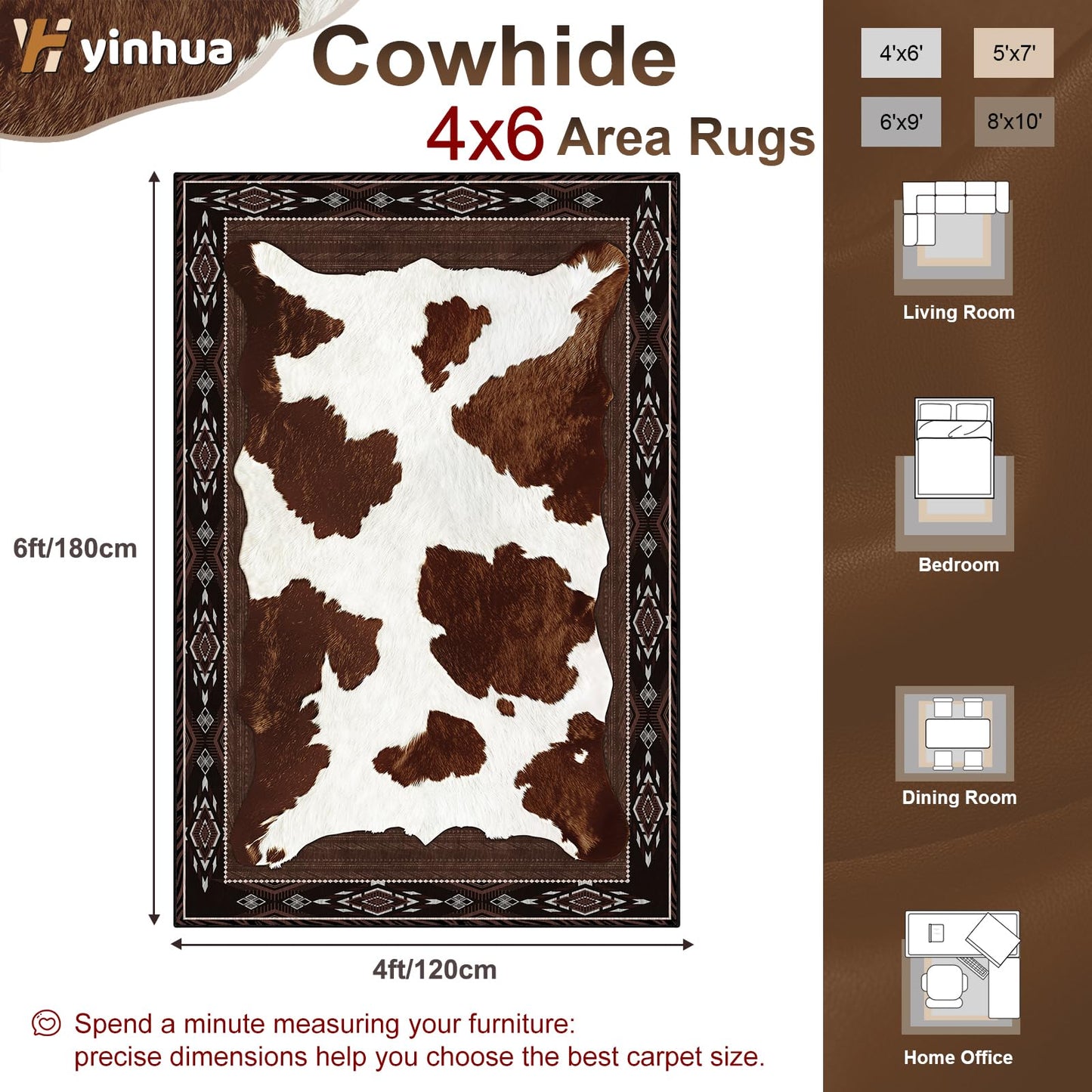 Yinhua Cowhide Rugs for Living Room 4x6 Cow Print Rug for Bedroom Washable, Soft Faux Animal Print Rug Low Pile Non Slip, Western Rustic Rugs for Dining Room Nursery Home Office, Brown and White