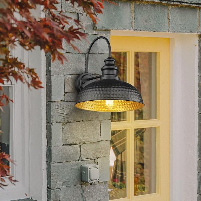 Farmhouse Outdoor Barn Light Fixtures, 12 Inch Dome Gooseneck Exterior Wall Lights, Rustic Outdoor Wall Sconces Outside Wall Mount Lantern with Bead Shape for Home, Porch, Garage, Doorway