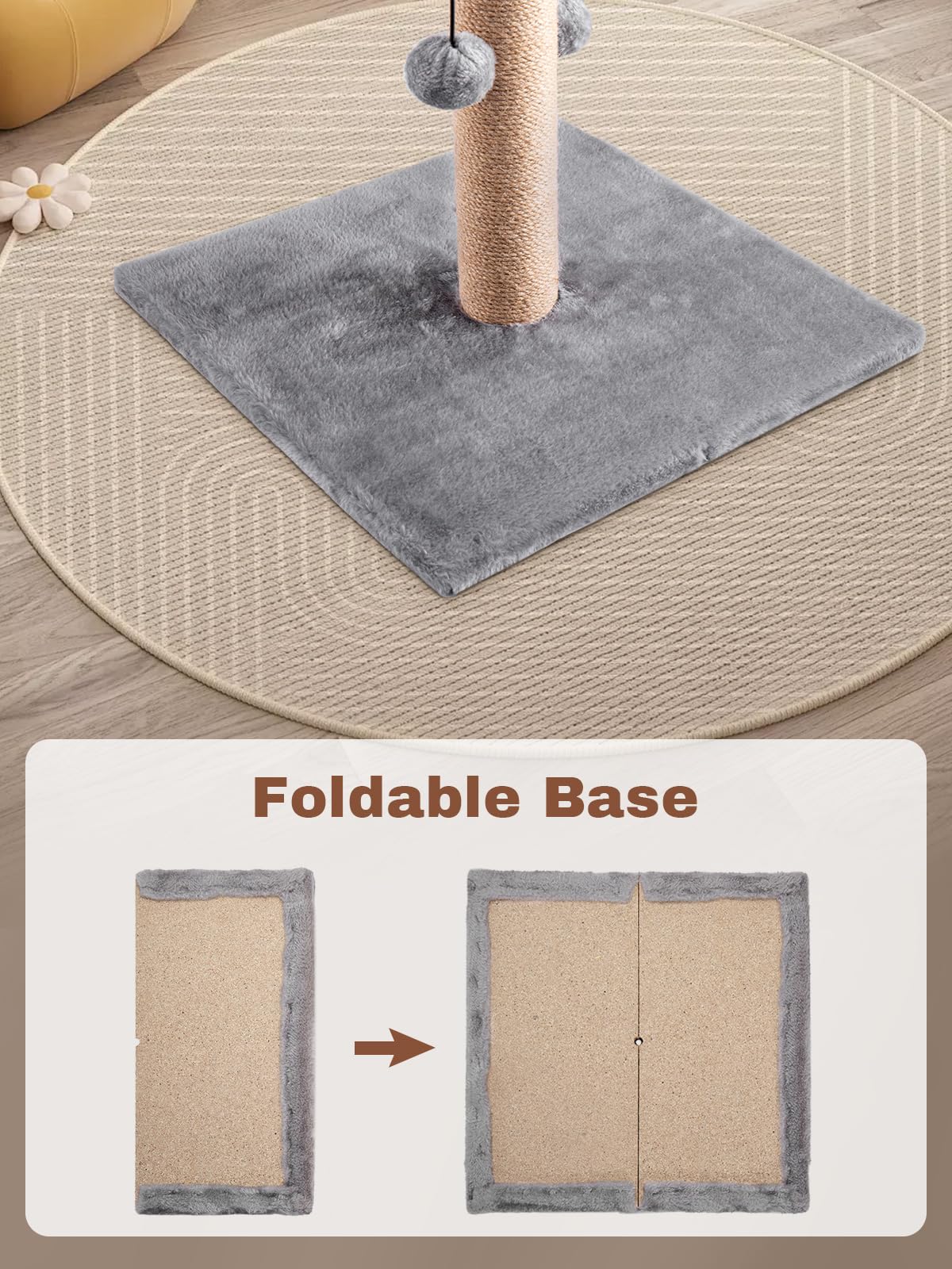 Trintion Cat Scratching Post 74cm Foldable Bottom Tall Cat Claw Scratcher with 4 Toy Ball Natural Sisal Scratch Pole and Soft Carpet Covered Heavy Base Modern Stable Design (Gray 74cm 4Ball)