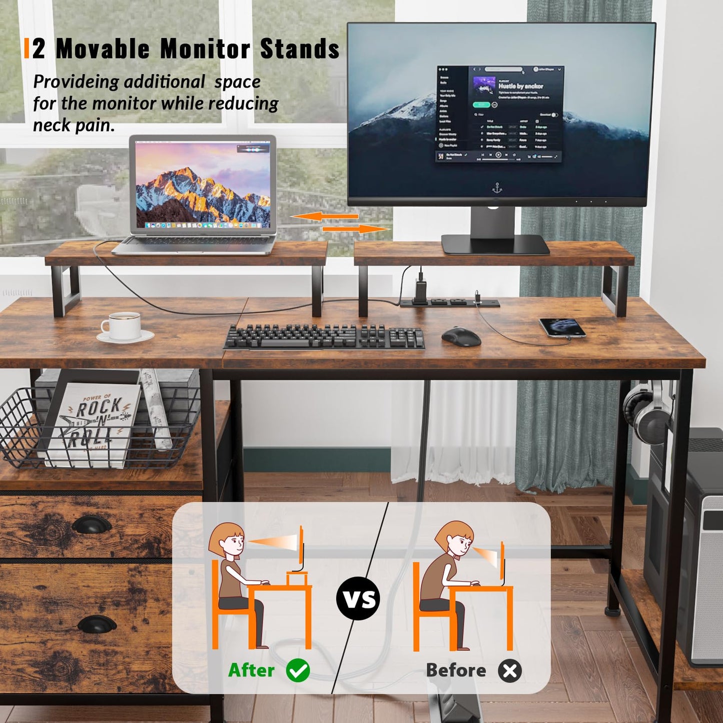 Furologee 47" Computer Desk with File Cabinet and Power Outlets, Home Office Desk with 2 Monitor Stands and Storage Drawer, Writing Gaming Table with Shelves and 2 Hooks for Bedroom, Rustic Brown
