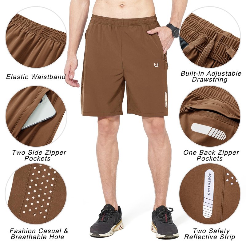 NORTHYARD Men's Athletic Running Shorts Gym Workout 7"/9"/5" Quick Dry Lightweight Sports Basketball Tennis 3 Zipper Pockets Brown S