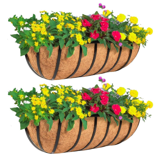 ZVOWOS 2 Pack 36" Railing Planter Window Box with Coco Fiber Liner Horse Trough Planter The Railing Planter Boxes for Deck Porch Fence Outdoor