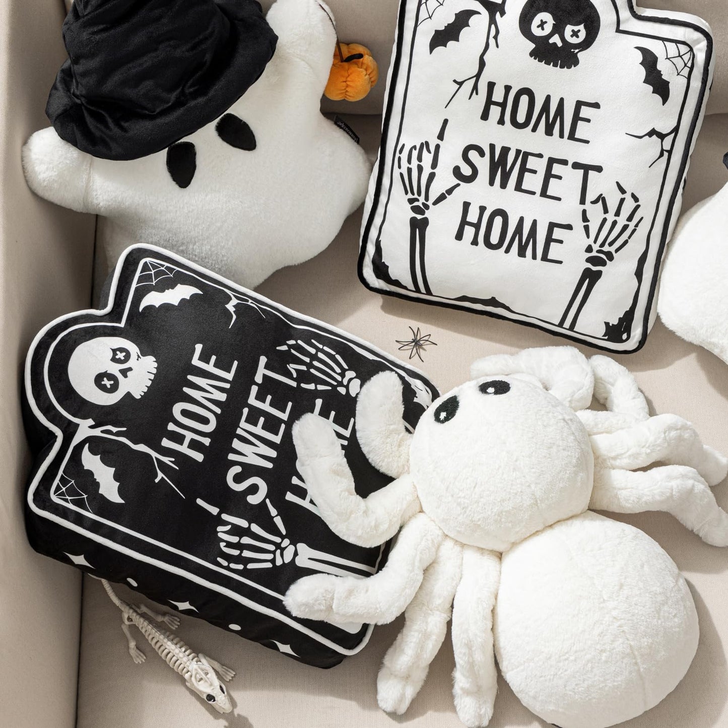 Phantoscope Happy Halloween Spider Shaped Throw Pillow, Faux Fur Fluffy Tarantula Shaped Halloween Cushion Pillow, White, 9 x 16 inch