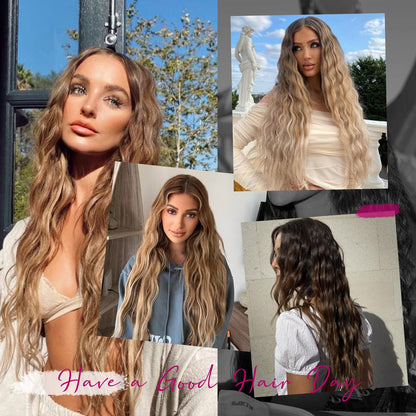 Hair Extensions, REECHO Blonde Clip in Hair Extensions 24" Thick Long Loose Waves hair extensions HE002 Invisible Lace Weft Natural Soft Hairpieces for Women ¨C Platinum Blonde